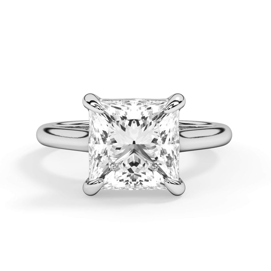 Four Prong Solitaire Engagement Ring Setting (SKU: SE-124171) Shown with Princess Shape Diamond in White Gold or Platinum - Front View
