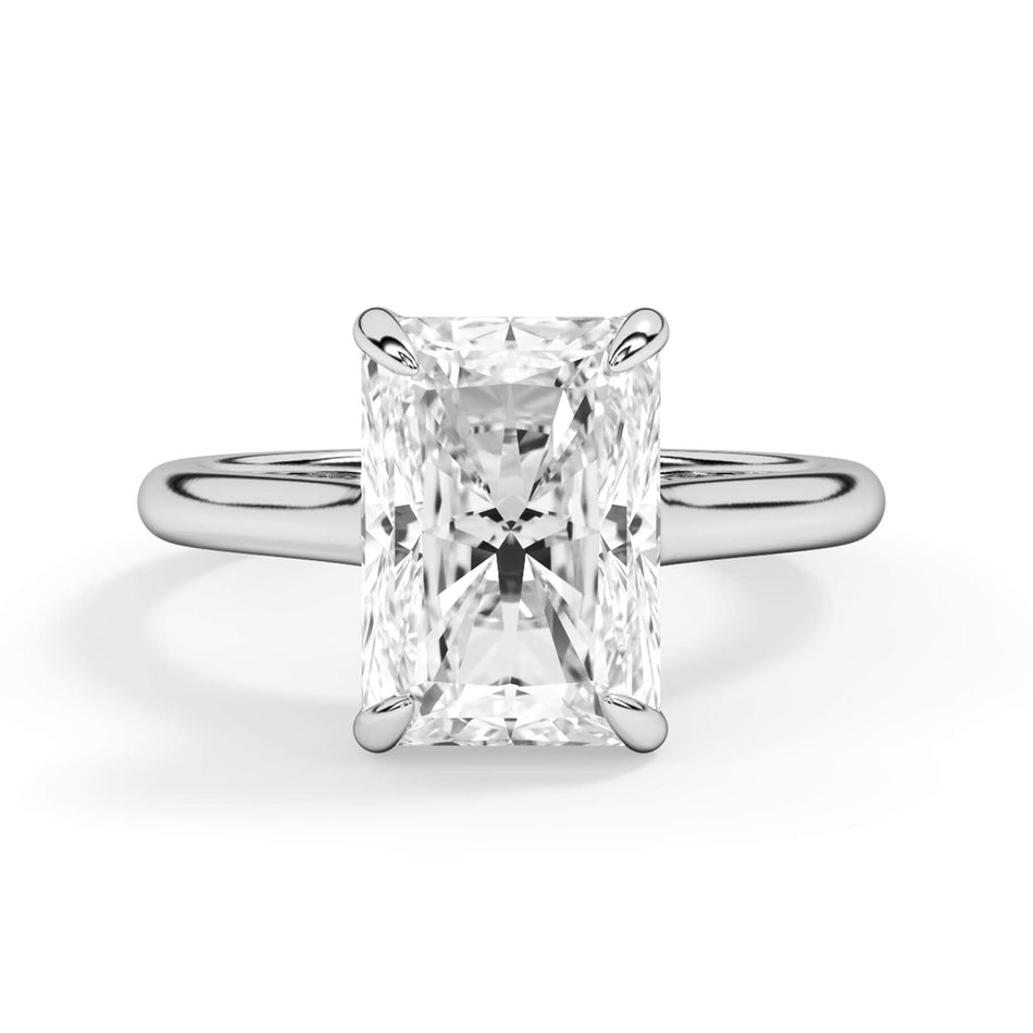 Dainty Trellis Solitaire Engagement Ring Setting (SKU: SE-1312) Shown with Radiant Shape Diamond in White Gold or Platinum - Front View