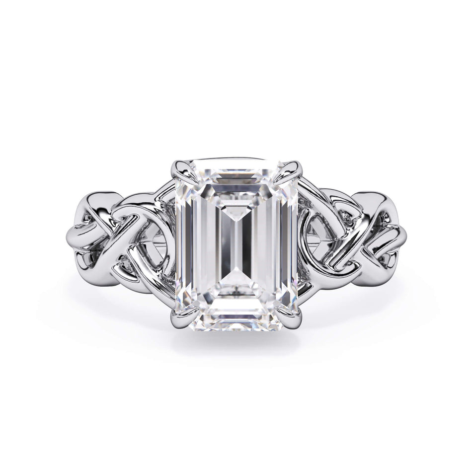 Celtic Knot Solitaire Engagement Ring (SKU: SE-16) Shown with Emerald Shape Diamond in White Gold or Platinum - Front View