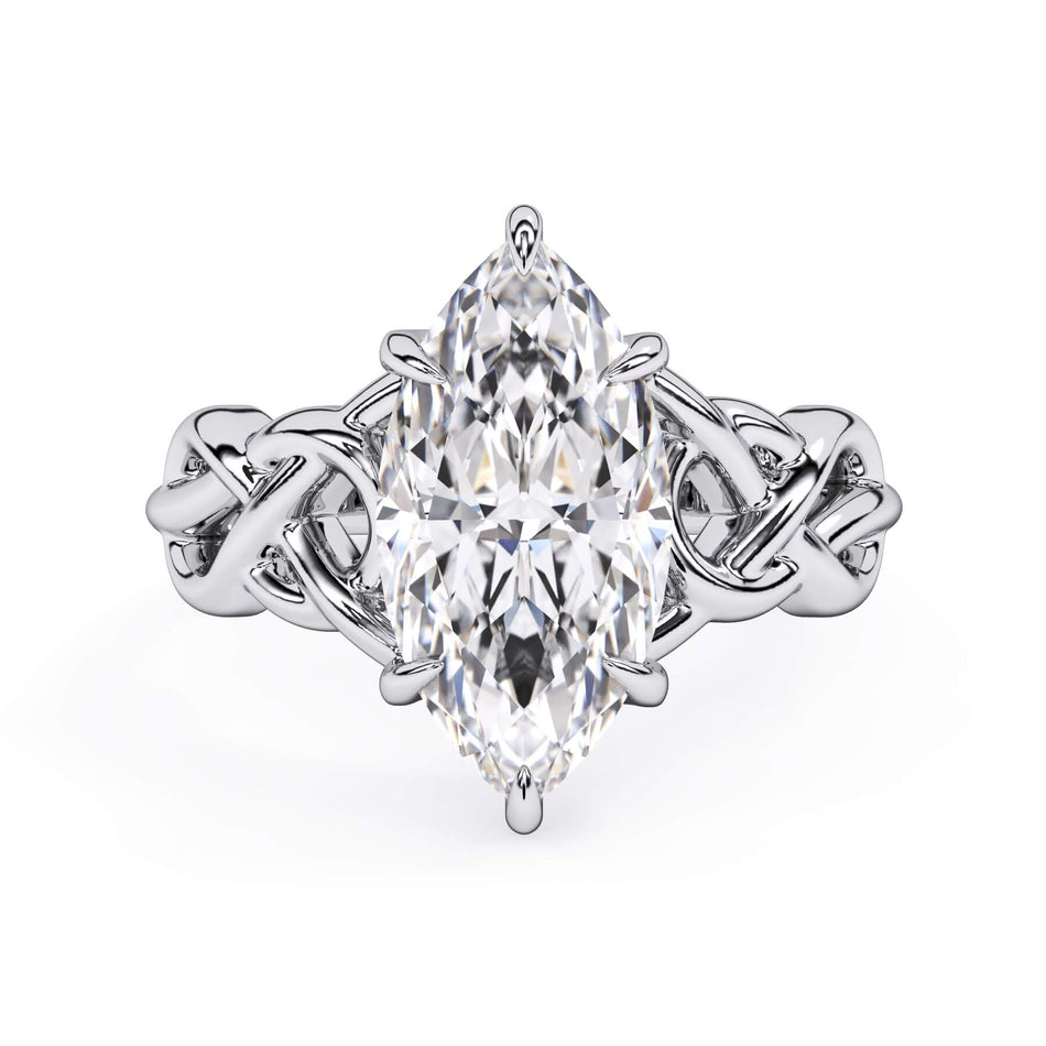 Celtic Knot Solitaire Engagement Ring (SKU: SE-16) Shown with Marquise Shape Diamond in White Gold or Platinum - Front View