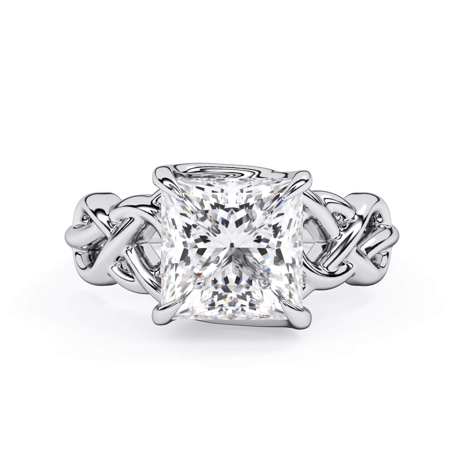 Celtic Knot Solitaire Engagement Ring (SKU: SE-16) Shown with Princess Shape Diamond in White Gold or Platinum - Front View