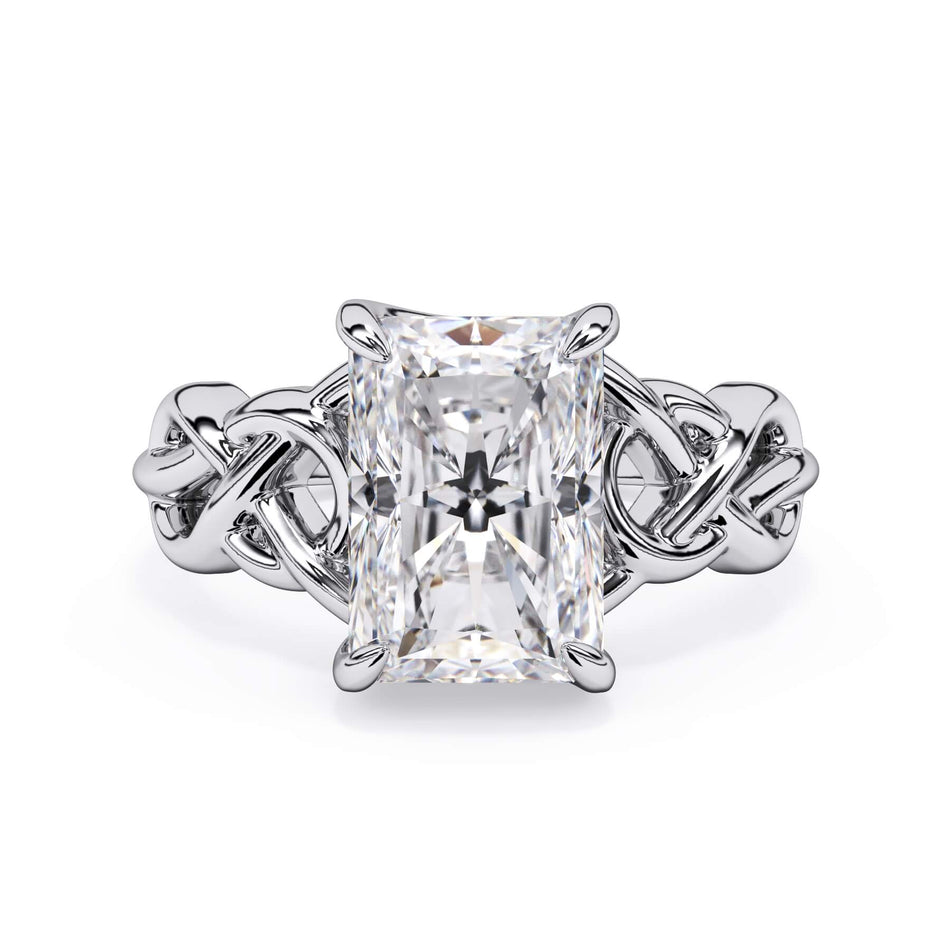 Celtic Knot Solitaire Engagement Ring (SKU: SE-16) Shown with Radiant Shape Diamond in White Gold or Platinum - Front View