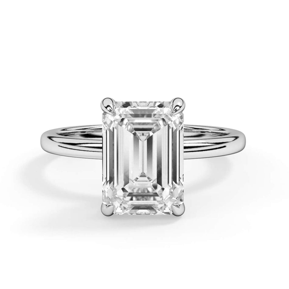 Classic Solitaire Engagement Ring Setting with 6 Prongs (SKU: SE-26) Shown with Emerald Shape Diamond in White Gold or Platinum - Front View