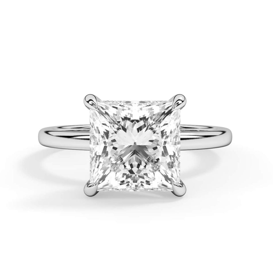 Classic Solitaire Engagement Ring Setting with 6 Prongs (SKU: SE-26) Shown with Princess Shape Diamond in White Gold or Platinum - Front View