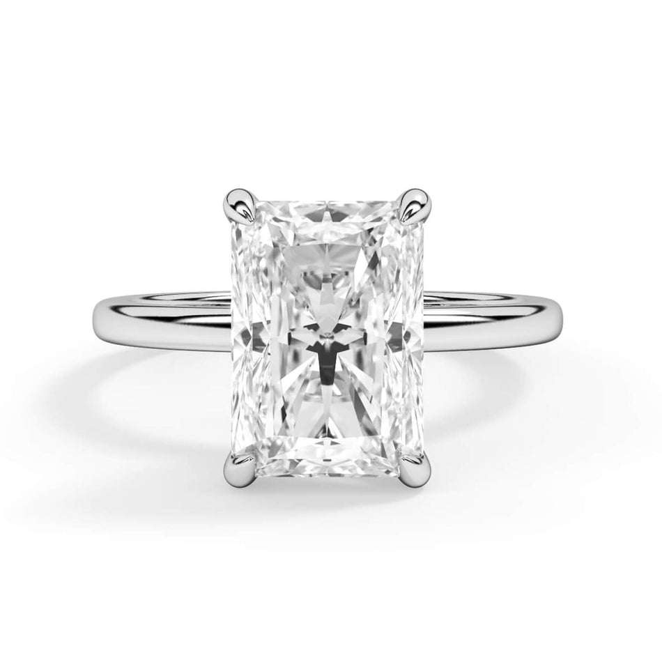 Classic Solitaire Engagement Ring Setting with 6 Prongs (SKU: SE-26) Shown with Radiant Shape Diamond in White Gold or Platinum - Front View