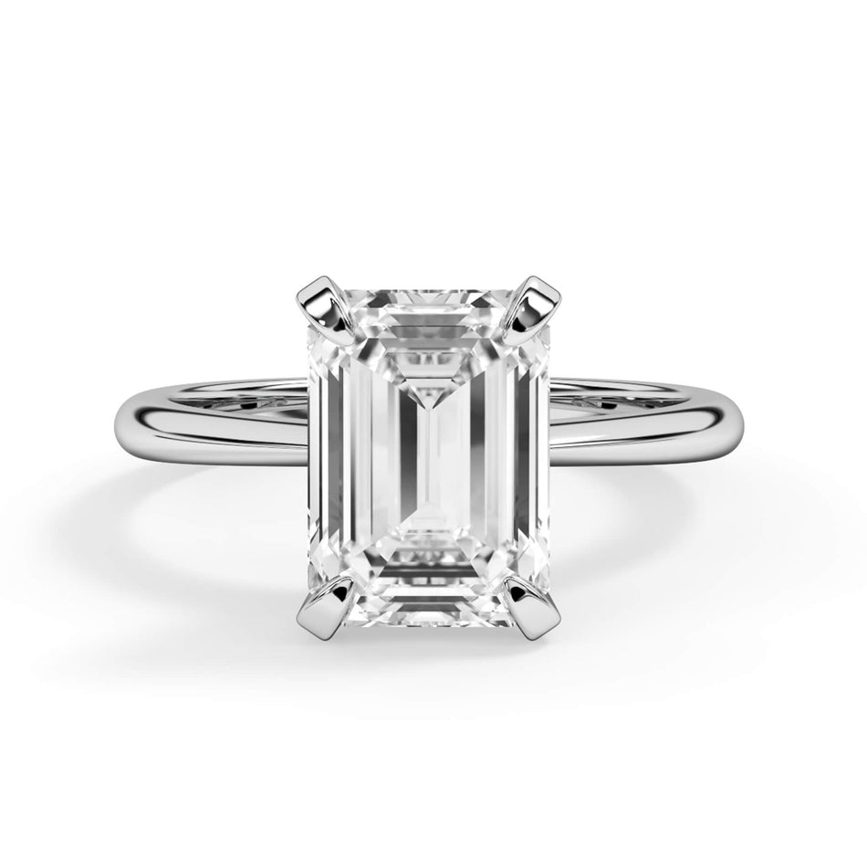 Traditional 6 Prong Solitaire Engagement Ring Setting (SKU: SE-27) Shown with Emerald Shape Diamond in White Gold or Platinum - Front View
