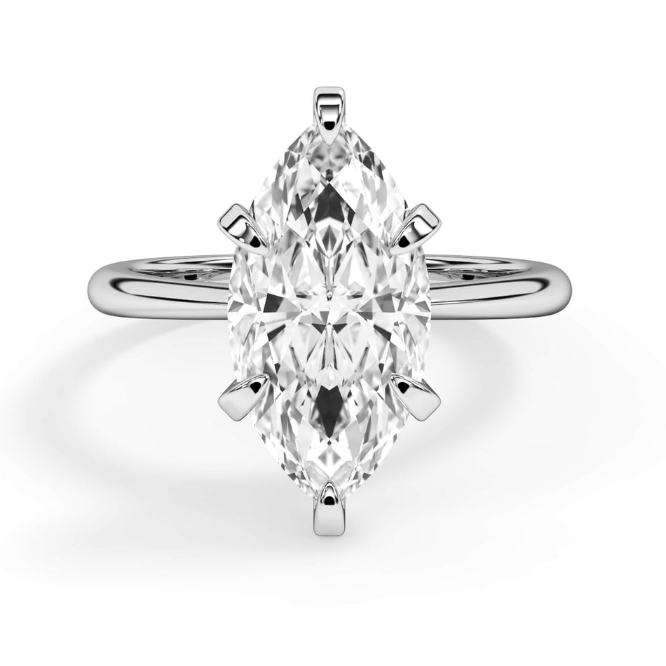 Traditional 6 Prong Solitaire Engagement Ring Setting (SKU: SE-27) Shown with Marquise Shape Diamond in White Gold or Platinum - Front View