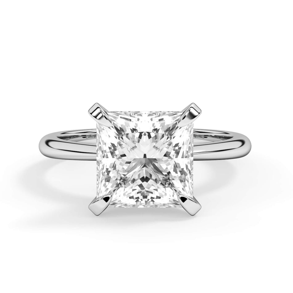 Traditional 6 Prong Solitaire Engagement Ring Setting (SKU: SE-27) Shown with Princess Shape Diamond in White Gold or Platinum - Front View