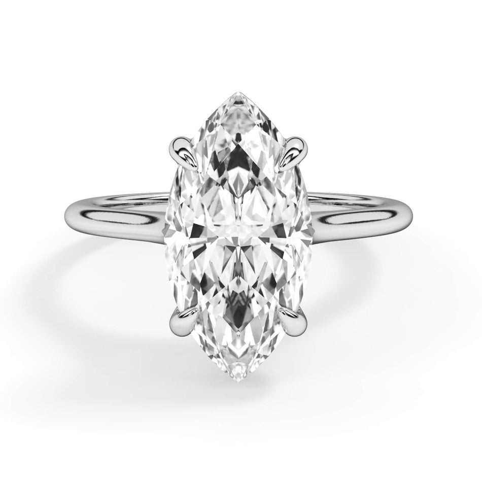Thin Solitaire Engagement Ring 1.5mm Wide (SKU: SE-28) Shown with Marquise Shape Diamond in White Gold or Platinum - Front View