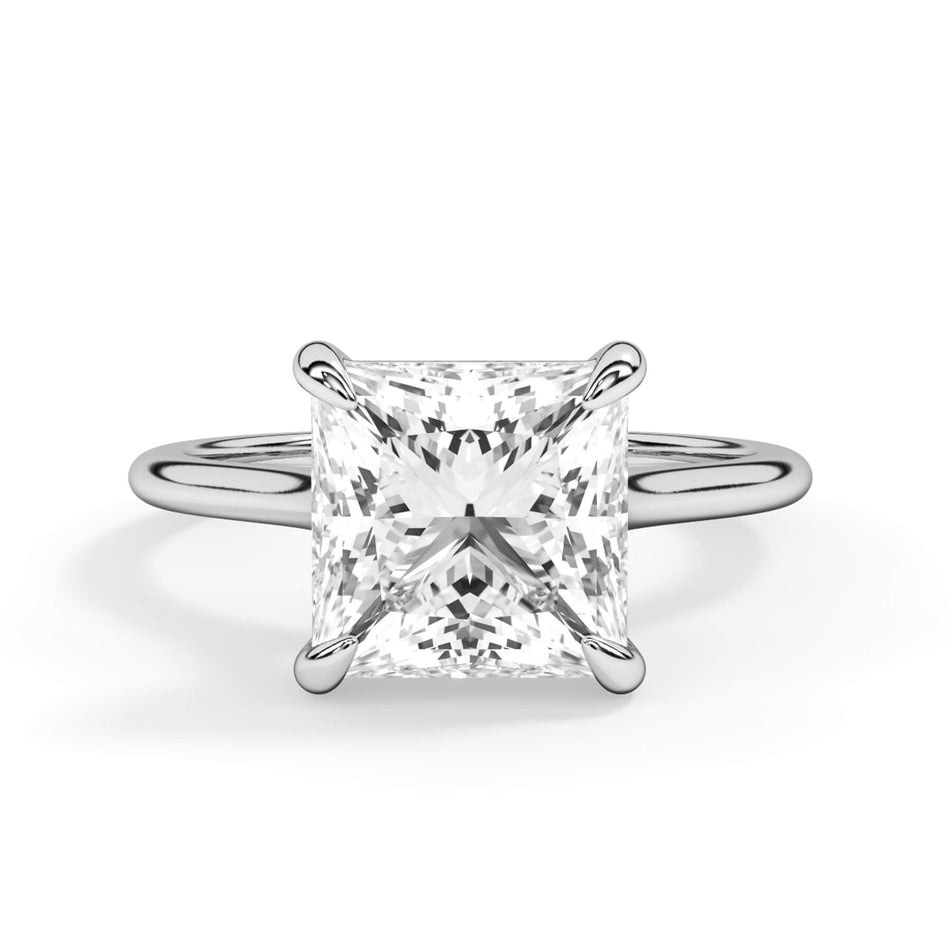 Thin Solitaire Engagement Ring 1.5mm Wide (SKU: SE-28) Shown with Princess Shape Diamond in White Gold or Platinum - Front View