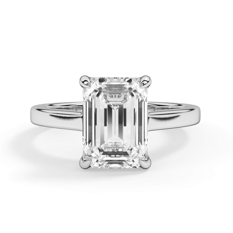 Classic Solitaire Engagement Ring (SKU: SE-30) Shown with Emerald Shape Diamond in White Gold or Platinum - Front View