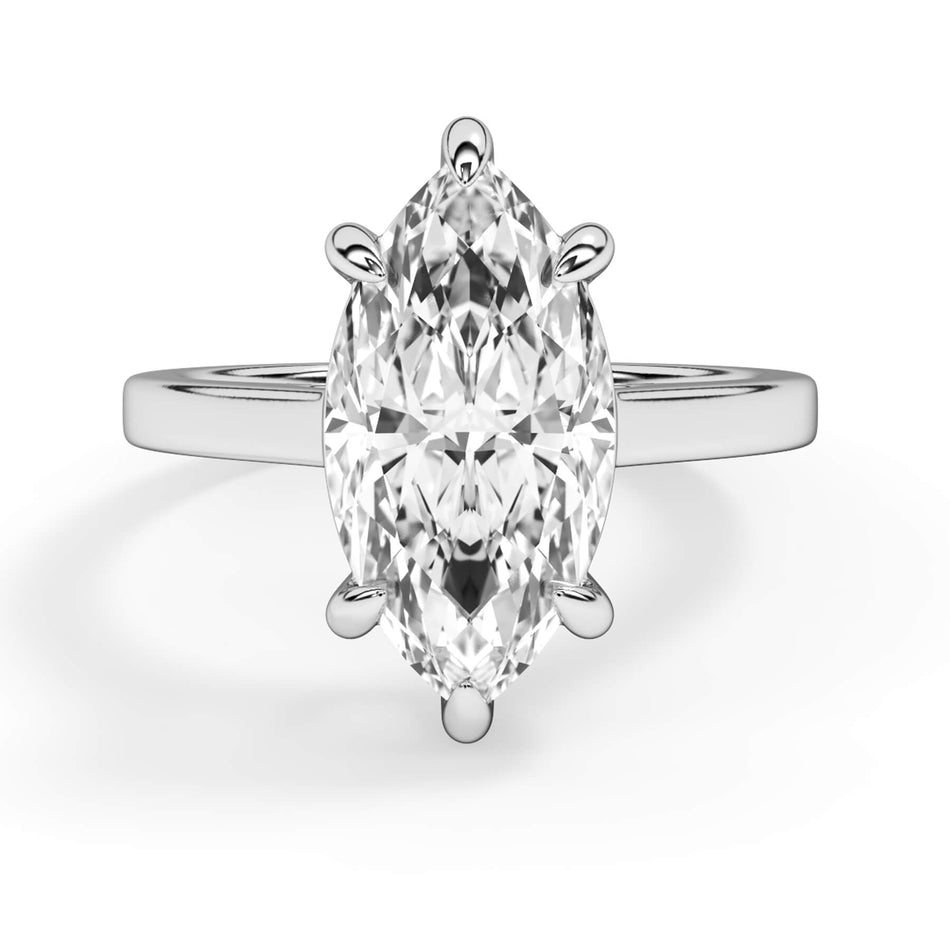 Classic Solitaire Engagement Ring (SKU: SE-30) Shown with Marquise Shape Diamond in White Gold or Platinum - Front View