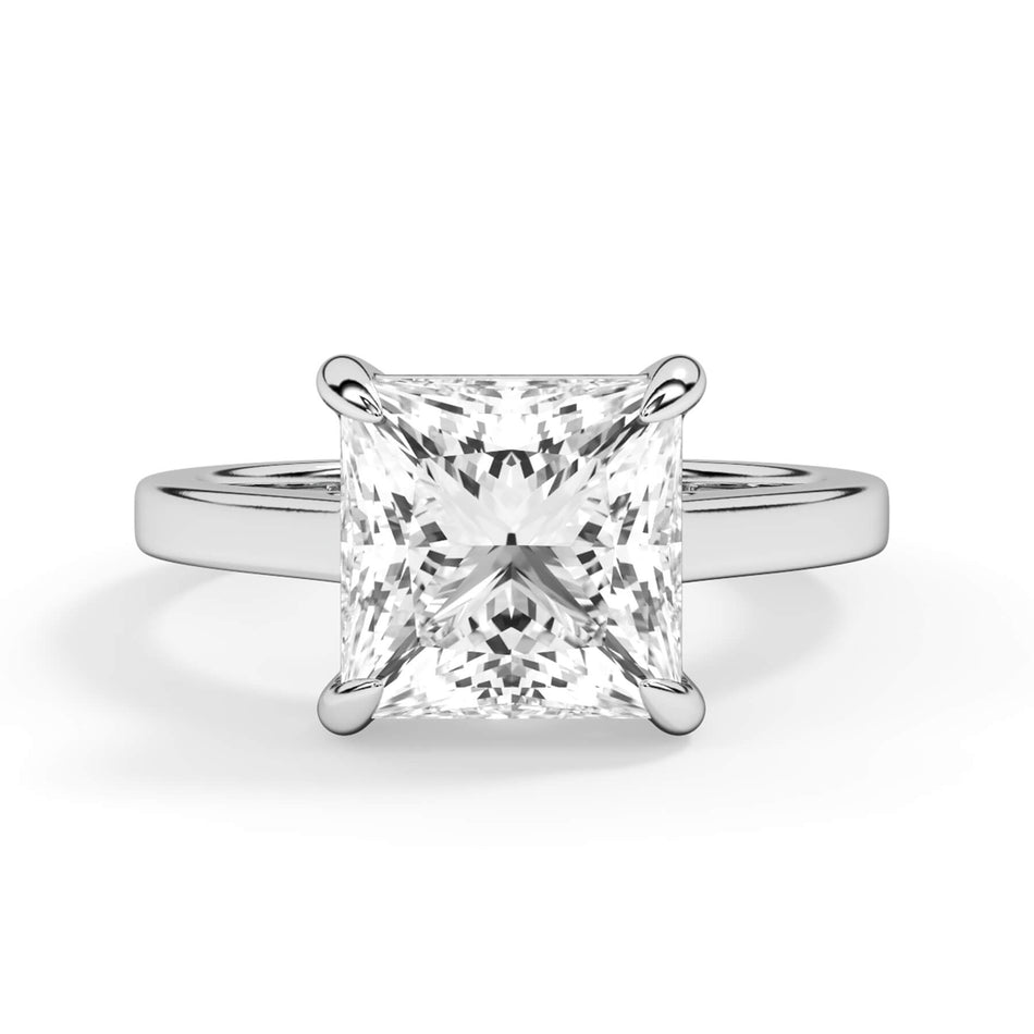Classic Solitaire Engagement Ring (SKU: SE-30) Shown with Princess Shape Diamond in White Gold or Platinum - Front View