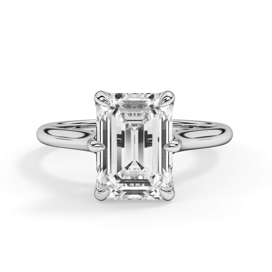 Petal Basket Solitaire Engagement Ring Setting (SKU: SE-34) Shown with Emerald Shape Diamond in White Gold or Platinum - Front View