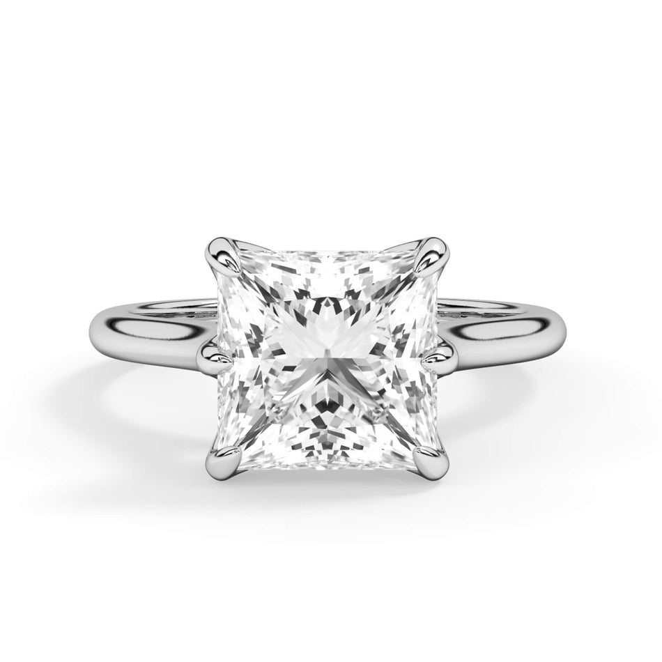 Petal Basket Solitaire Engagement Ring Setting (SKU: SE-34) Shown with Princess Shape Diamond in White Gold or Platinum - Front View