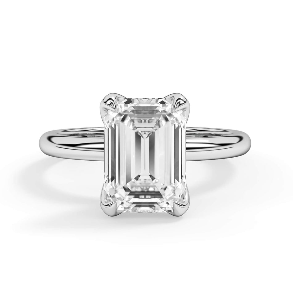 Tulip Solitaire Engagement Ring Setting (SKU: SE-37) Shown with Emerald Shape Diamond in White Gold or Platinum - Front View