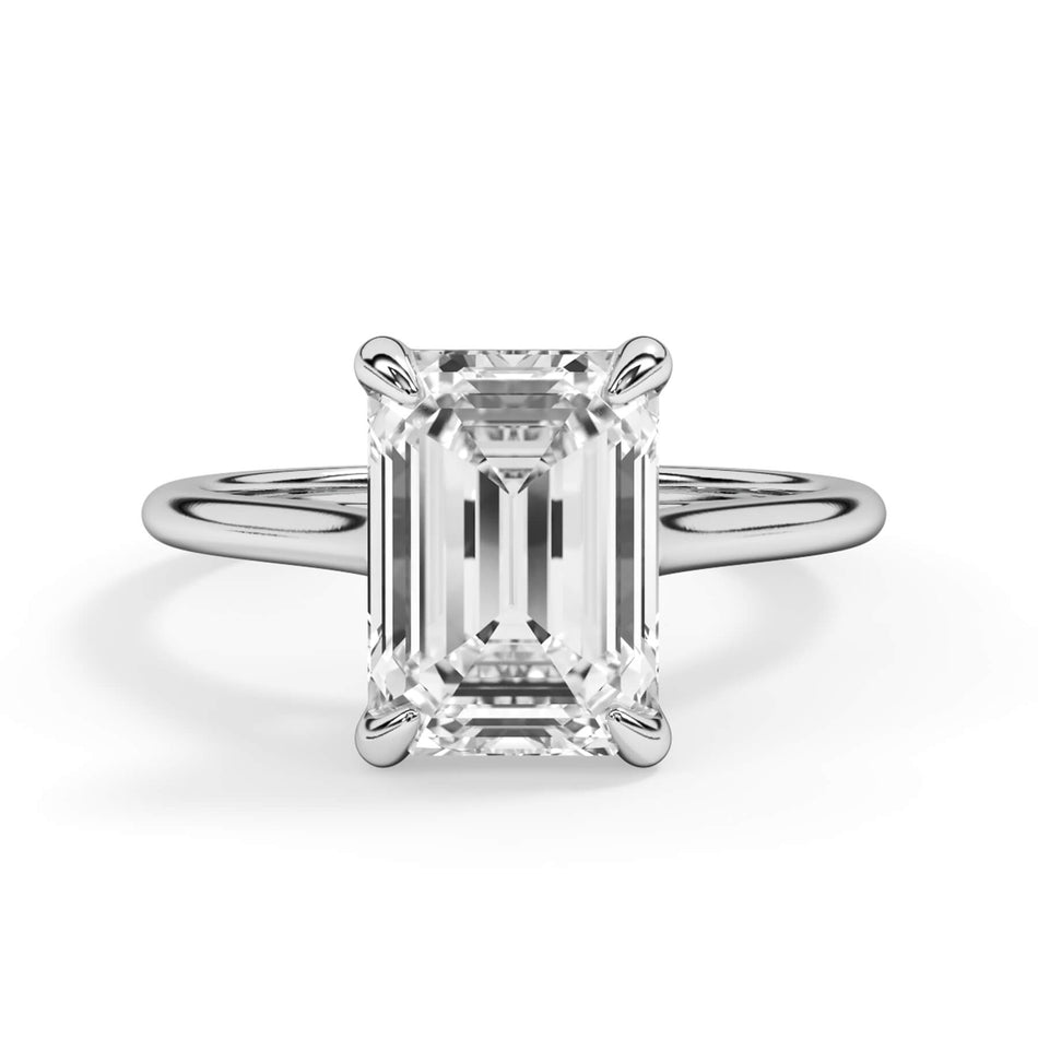 Simple Solitaire Engagement Ring (SKU: SE-39) Shown with Emerald Shape Diamond in White Gold or Platinum - Front View