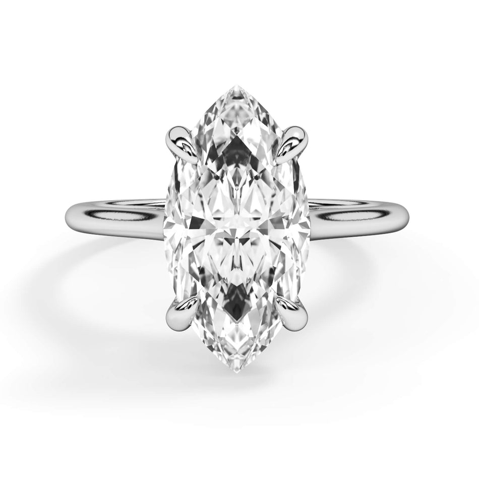 Simple Solitaire Engagement Ring (SKU: SE-39) Shown with Marquise Shape Diamond in White Gold or Platinum - Front View