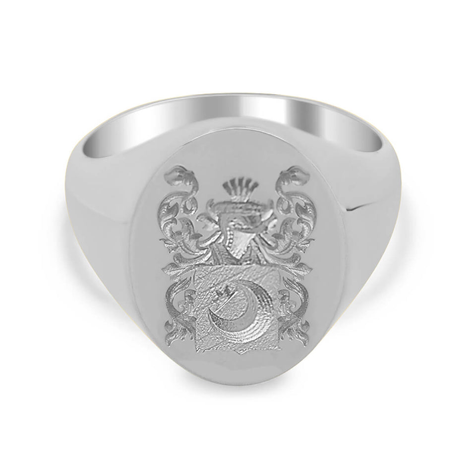 Men's Oval Signet Ring - Medium - CAD Designed Family Crest / Logo - Shown in White Gold