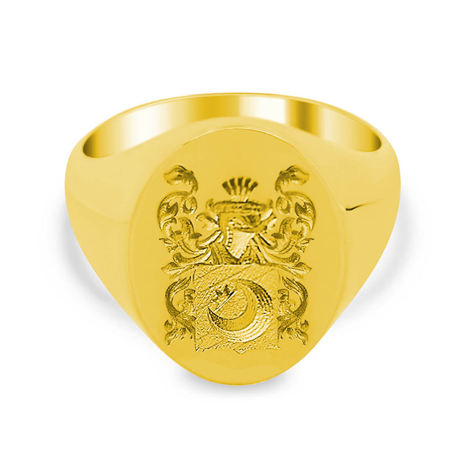 Men's Oval Signet Ring - Medium - CAD Designed Family Crest / Logo - Shown in Yellow Gold