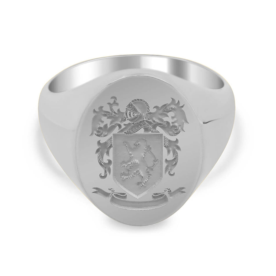 Men's Oval Signet Ring - Medium - Laser Engraved Family Crest / Logo - Shown in White Gold