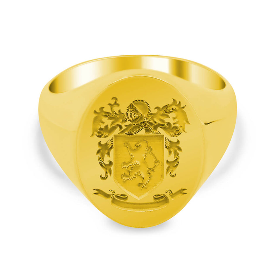 Men's Oval Signet Ring - Medium - Laser Engraved Family Crest / Logo - Shown in Yellow Gold