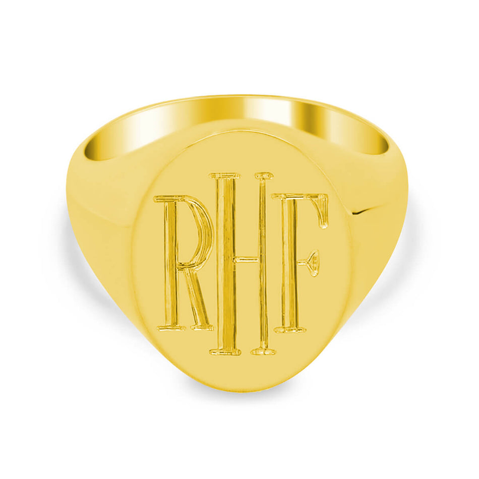 Men's Oval Signet Ring - Medium - Hand Engraved Roman Monogram - Shown in Yellow Gold