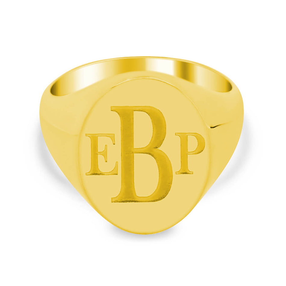 Men's Oval Signet Ring - Medium - Laser Engraved Roman Monogram - Shown in Yellow Gold