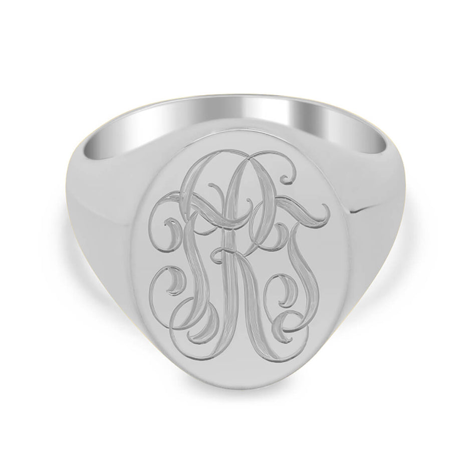 Men's Oval Signet Ring - Medium - Hand Engraved Script Monogram - Shown in White Gold