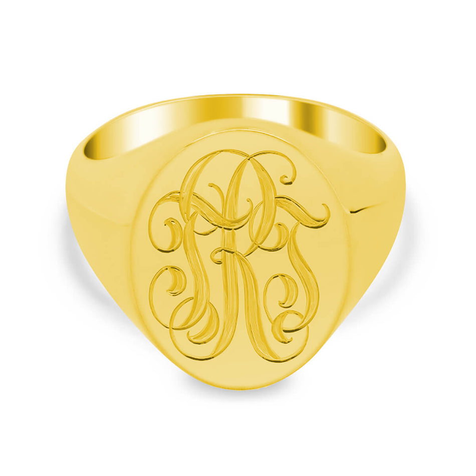 Men's Oval Signet Ring - Medium - Hand Engraved Script Monogram - Shown in Yellow Gold