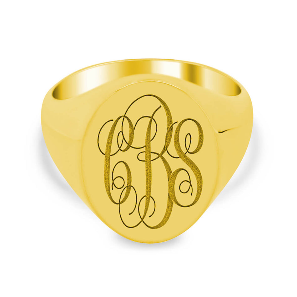 Men's Oval Signet Ring - Medium - Laser Engraved Script Monogram - Shown in Yellow Gold