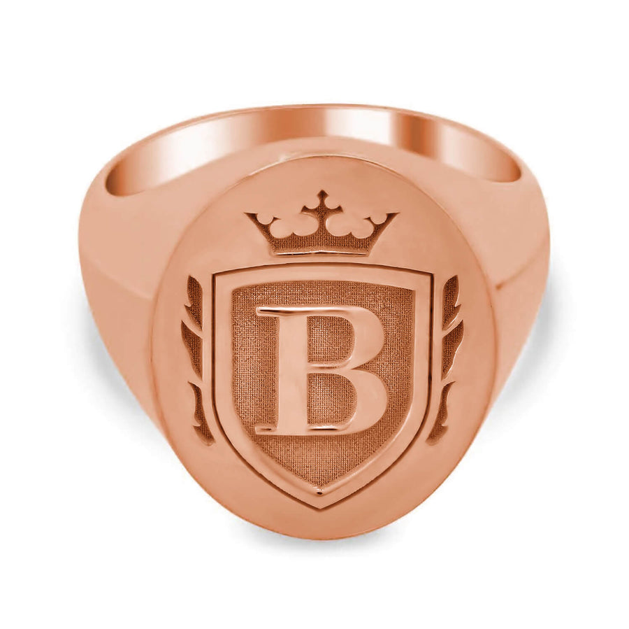 Crown Crest Single Initial Men's Oval Signet Ring