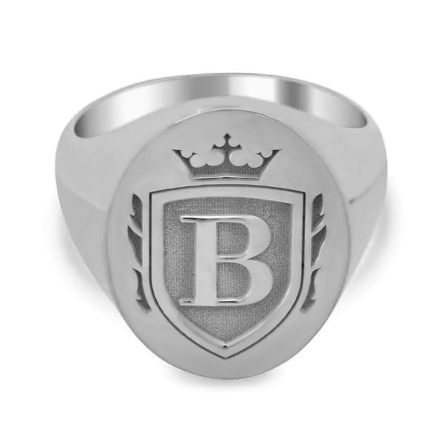 Crown Crest Single Initial Men's Oval Signet Ring