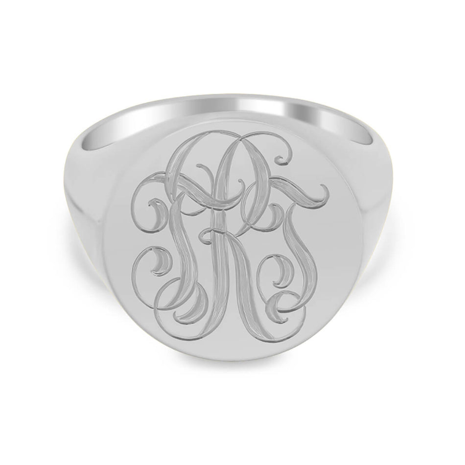 Men's Round Signet Ring - Large - Hand Engraved Script Monogram