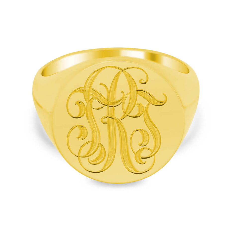 Men's Round Signet Ring - Large - Hand Engraved Script Monogram