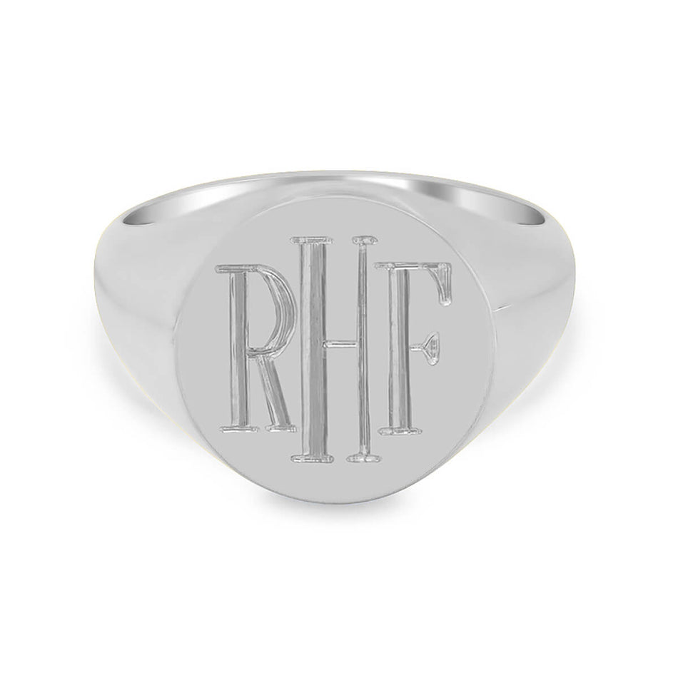 Men's Round Signet Ring - Medium - Hand Engraved Roman Monogram - Shown in White Gold