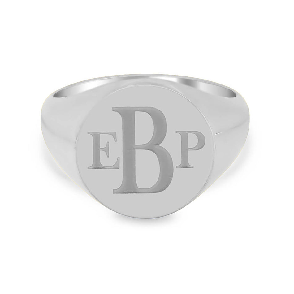 Men's Round Signet Ring - Medium - Laser Engraved Roman Monogram - Shown in White Gold