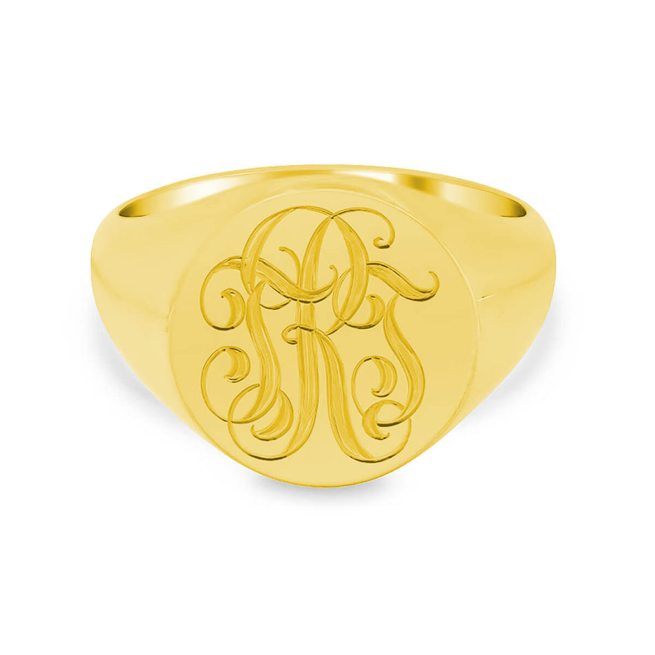 Men's Round Signet Ring - Medium - Hand Engraved Script Monogram - Shown in Yellow Gold