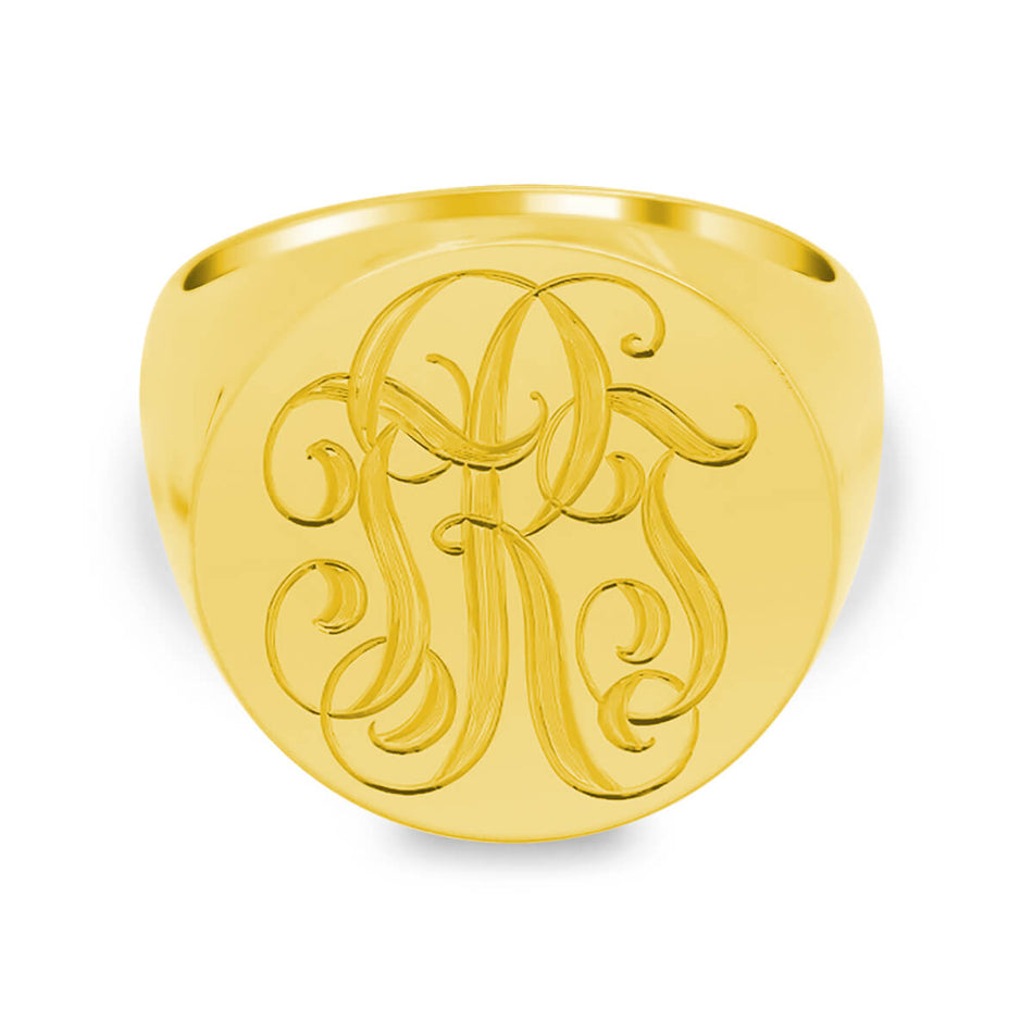 Men's Round Signet Ring - Extra Large - Hand Engraved Script Monogram