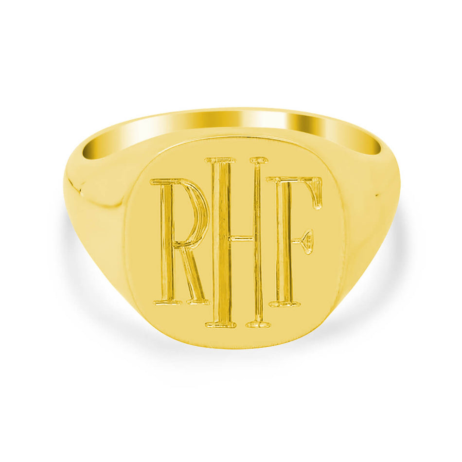 Men's Square Signet Ring - Medium - Hand Engraved Roman Monogram - Shown in Yellow Gold