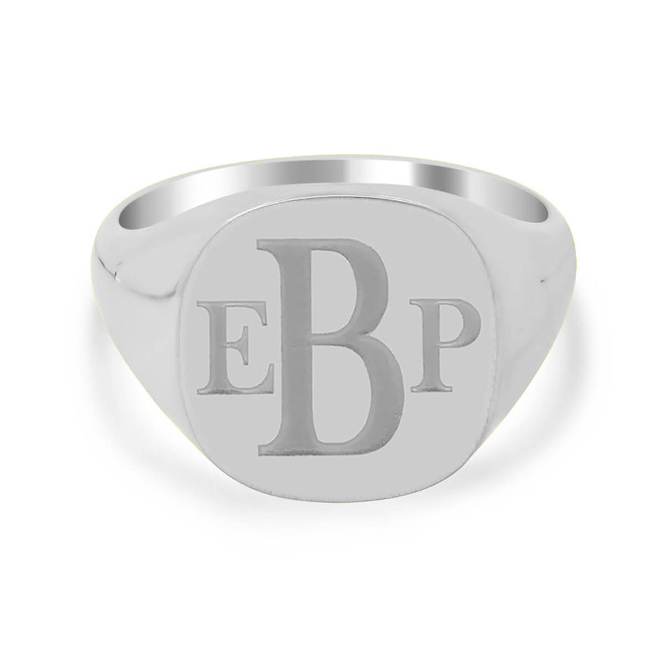 Men's Square Signet Ring - Medium - Laser Engraved Roman Monogram - Shown in White Gold