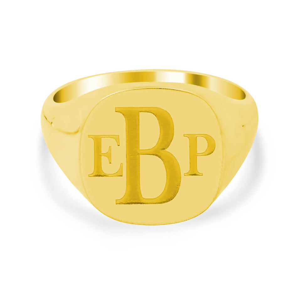 Men's Square Signet Ring - Medium - Laser Engraved Roman Monogram - Shown in Yellow Gold