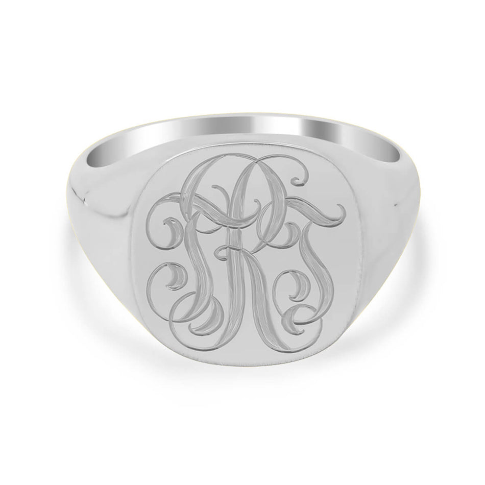 Men's Square Signet Ring - Medium - Hand Engraved Script Monogram - Shown in White Gold