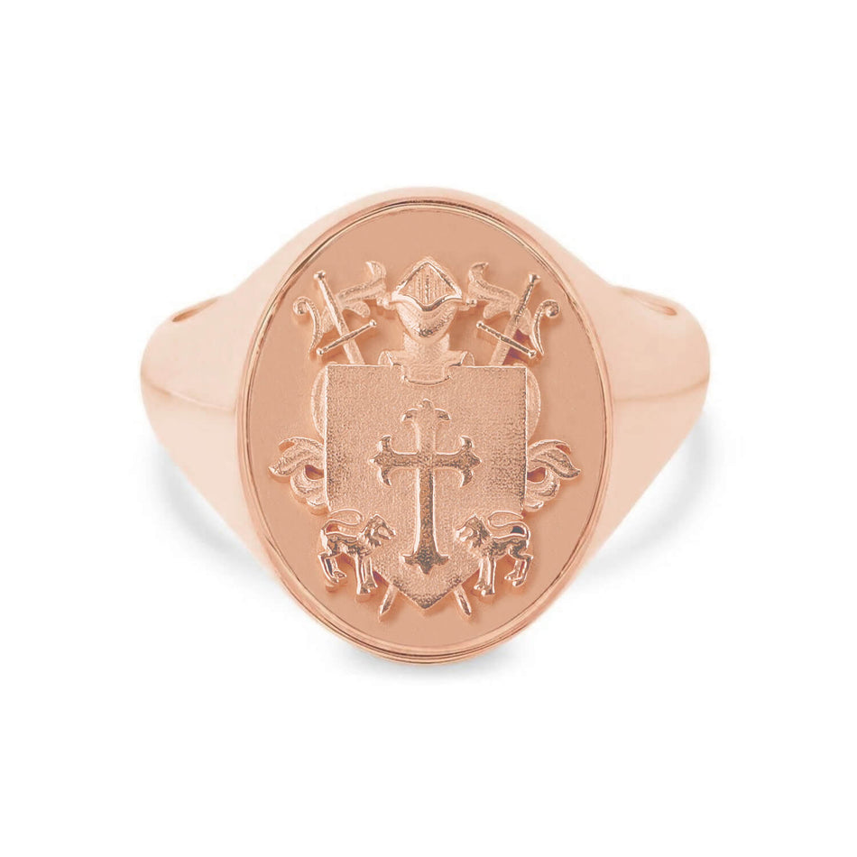 Oval Raised Family Crest Signet Ring - Shown in Rose Gold