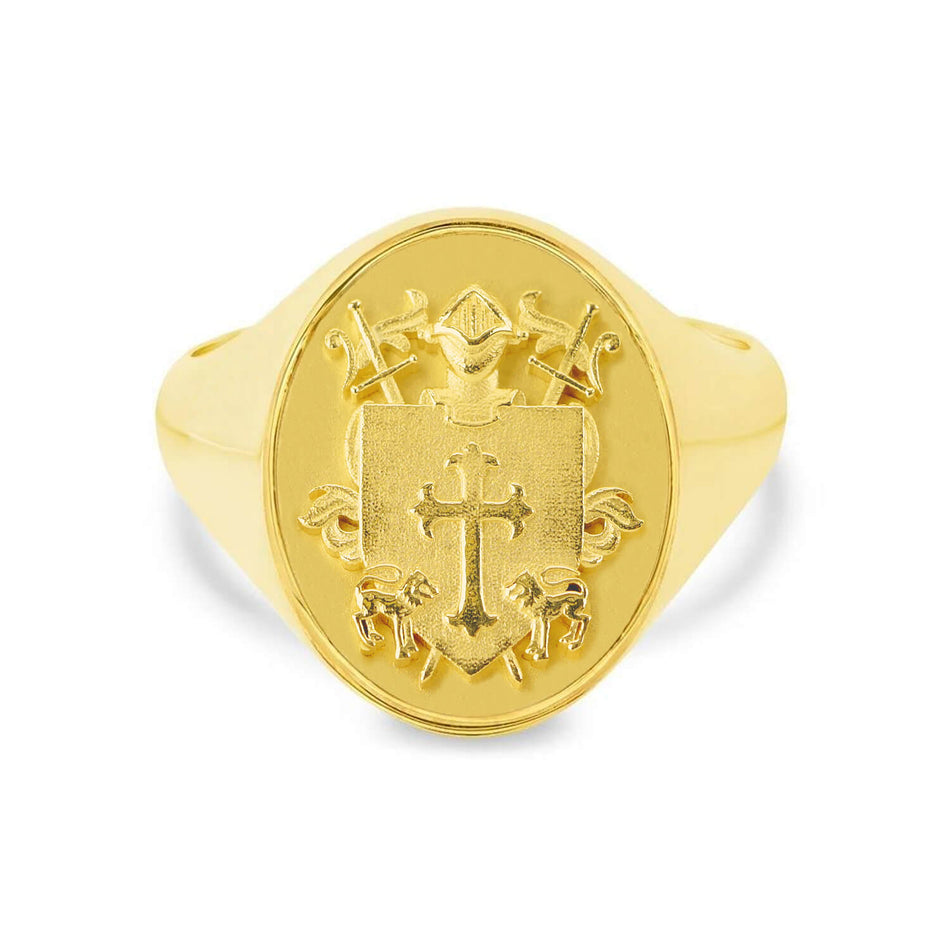 Oval Raised Family Crest Signet Ring - Shown in Yellow Gold