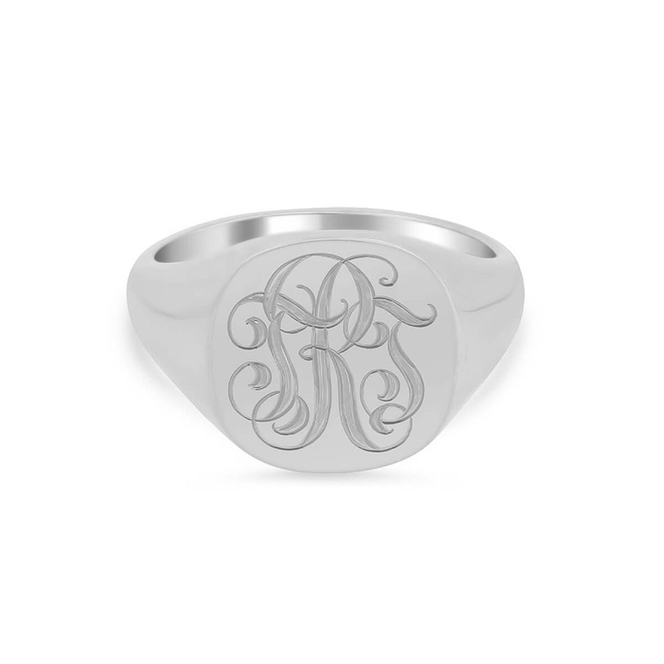 Women's Square Signet Ring - Large - Hand Engraved Script Monogram