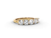 A video of a five stone diamond wedding ring that changes in color from white metal, to yellow, to rose gold on a white background.