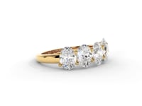 A video of a five stone diamond wedding ring that changes in color from white metal, to yellow, to rose gold on a white background.