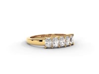 A video of a five stone diamond wedding ring that changes in color from white metal, to yellow, to rose gold on a white background.