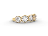 A video of a five stone diamond wedding ring that changes in color from white metal, to yellow, to rose gold on a white background.